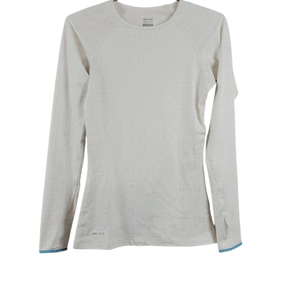 ❤️357 Nike Pro Dri Fit Long Sleeve Thumb Hole White Performance Micro Fleece Top